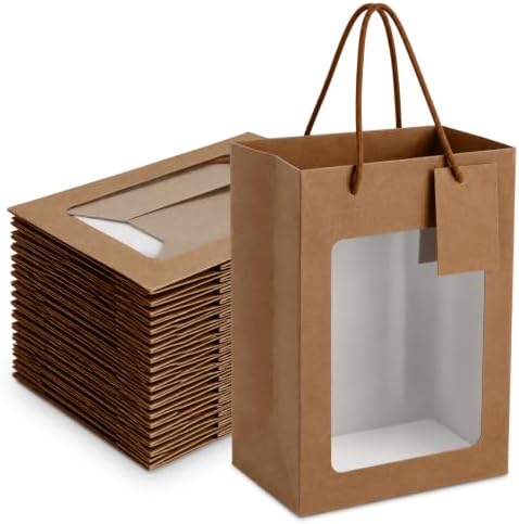 80 Pcs 9.8 x 5.1 x 7.1 in Brown Kraft Paper Gift Bags with Window & Handles by Fuutreo
