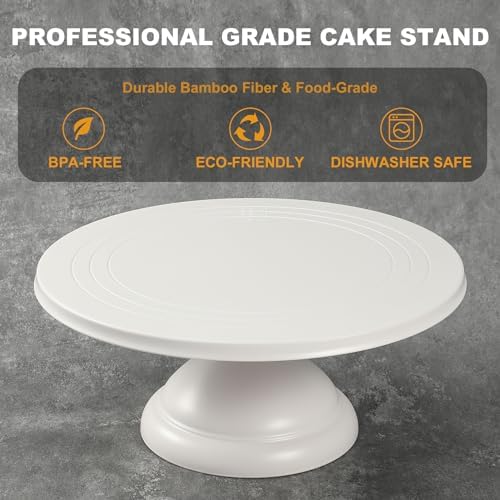 Large Cake Stand 12 Inch with Cake Spatula, Round Bamboo Fiber Cupcake Dessert Stand, Cake Decorating Display Stand for Birthday Parties, Weddings, Baby Shower and Other Events, White - Image 3