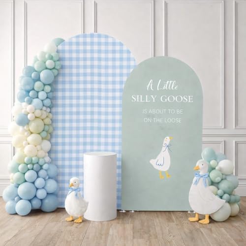 Set of 2 Arch Backdrop Covers One Silly Goose Baby Shower 2PCS Spandex Arch Stand Cover Plaids Girl Birthday Easter Party Banquets Decorations (7.2FT & 6FT,Blue) by ellteecz