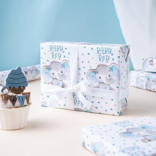 WRAPAHOLIC Jumbo Baby Boy Wrapping Paper - 30 Inch x 100 Feet Jumbo Roll - Adorable Blue Elephant Design for Baby Shower, Party, Holiday - Image 7