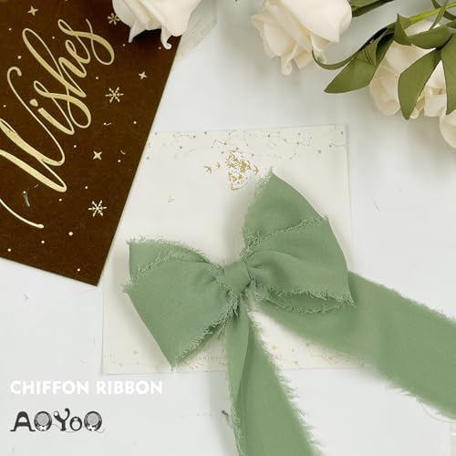 9 Rolls Sage Green Handmade Chiffon Ribbon, 1.5" x 63Yd Frayed Fringe Silk Ribbons for Wedding Invitations, Bridal Bouquets,Baby Show Gifts Wrapping, Decorations - Image 6