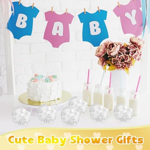 Threehoney 24 Pcs Baby Shower Mini Carriage Decoration White Goose Color Metal Wired Fillable Candy Stroller Baby Shower Table Centerpiece for Guest Gender Reveal Wedding Party Favor Gift - Image 6