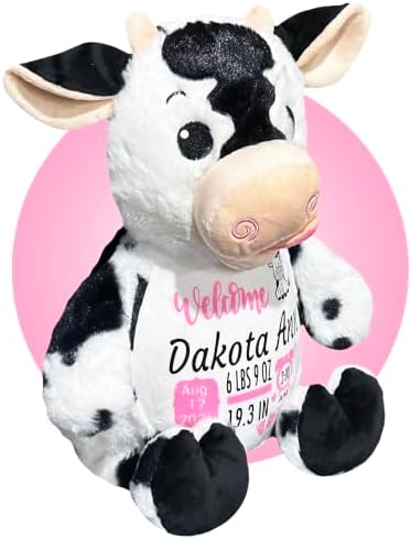 Birth Stat Stuffed Animal - 17" Birth Announcement Stuffed Animals - Personalized Baby Gifts - Baby Shower Keepsake - Birth Information Plush - Removable Cover (Cute Cow) - Image 3