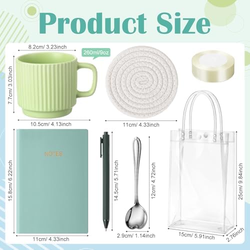 36 Pcs/6 Sets Baby Shower Prizes for Winners Include Ceramic Mugs with Spoons Woven Coasters Notebooks with Pens Clear PVC Gift Bags for Bridal Shower Party Favors(Green) - Image 2