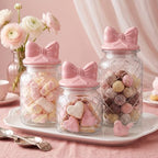 Potchen 3 Set Pink Bow Candy Glass Jars with Ceramic Lid Pink Mason Jars 44oz 34oz 22oz Cute Clear Gridding Cookie Storage Canister for Summer Party Baby Shower Tea Snacks Sugar - Image 5