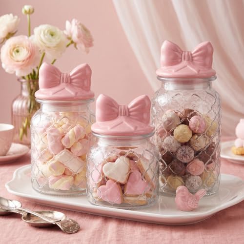 Potchen 3 Set Pink Bow Candy Glass Jars with Ceramic Lid Pink Mason Jars 44oz 34oz 22oz Cute Clear Gridding Cookie Storage Canister for Summer Party Baby Shower Tea Snacks Sugar - Image 5