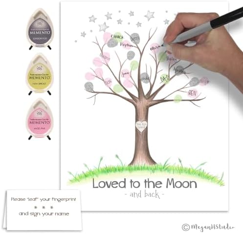 Girl's Star and Moon Theme Baby Shower Fingerprint Tree Set, 8.5x11 Inch - Image 5