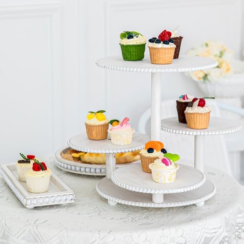 GENMOUS Wood Cake Stands Set of 3, 4 Tier Serving Tray Cupcake Stand, Beaded Rustic Dessert Tower, Round Rectangular Dessert Trays Platters for for Wedding Baby Shower Tea Party (White) - Image 2