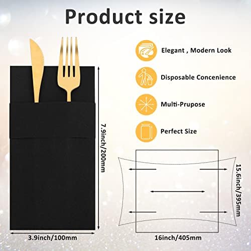 Cindeer 150 Pcs Black Linen Dinner Napkins with Built in Flatware - Image 2
