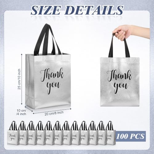 Fumete 100 Pcs Silver Glossy Thank You Gift Bag with Handles - Image 2