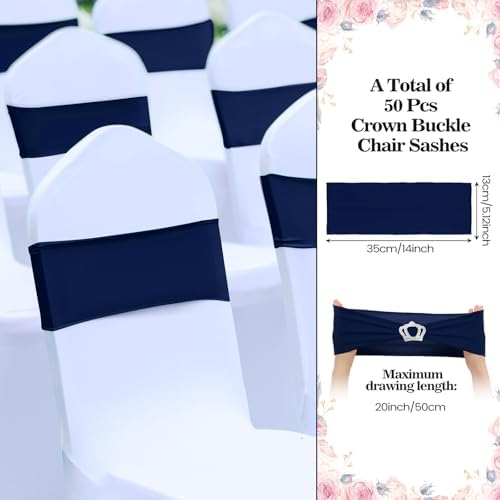 VitalCozy 50 Pcs Stretch Chair Sashes with Crown, Navy Blue - Image 2