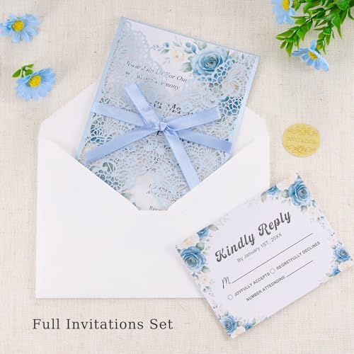 50 Set Wedding Invitations with Envelopes and Rsvp Cards Baby Blue - Image 6