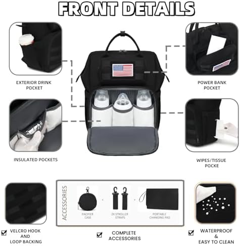 ROSEGIN Diaper Bag Backpack for Dad and Men, Large Travel Baby Bag with Changing Pad, Pacifier Case, Removable Flag Patch - Baby Shower Gifts - Shadow Black - Image 5