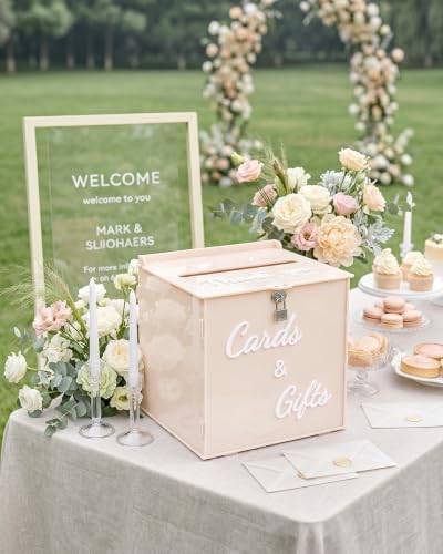 Cream Beige Acrylic Wedding Card Box with Lock, 10" Card Holder with Slot - Image 5