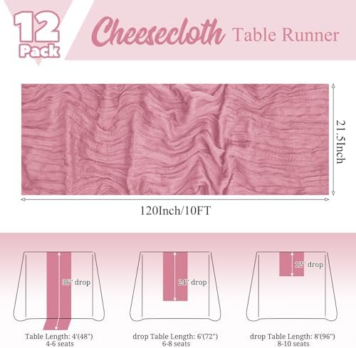 12 Pack Dusty Rose Table Runner 10Ft Long Cheesecloth Table Runner Rustic Gauze Table Runner Romantic Sheer Fabric Cheese Cloth Table Runners for Wedding Party Bridal Baby Shower - Image 2