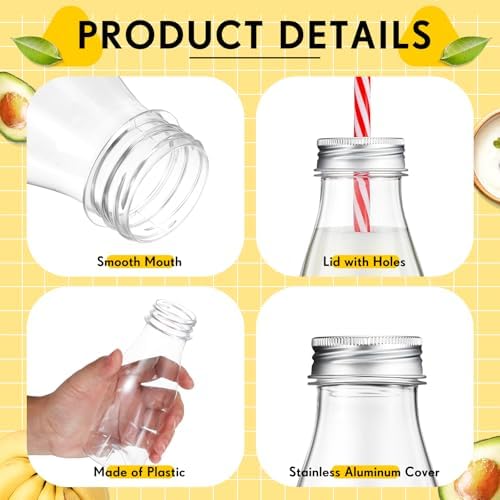 Yinkin 20 Sets Plastic Milk Bottles with Straws Bulk Reusable Beverage Containers for Birthday Baby Shower Party with Metal Lids Straws for Milk Juice Smoothies (8 oz,Gold Lid) - Image 3