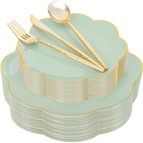 LIYH 150 Pcs Sage Green Plastic Plates - Dinnerware Set, Gold Silverware, Flower Plates Include Dinner & Dessert Plates, Knives, Forks for Wedding by LIYHLoveinyourheart