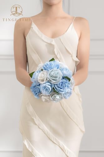 TINGE TIME 23pcs Artificial Wedding Flower Combo, Rose Peony Light Blue - Image 5