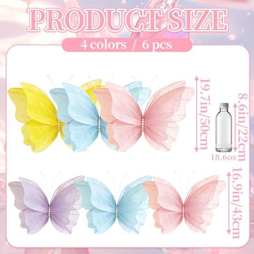 SUNBEAUTY 6 Pcs Large Butterflies Party Decorations, 20 Inch 16 Inch Hanging Butterflies 3D Colorful Pink Purple Yellow Butterfly Decorations for Baby Shower Wedding Ceiling Flower Garden Decor - Image 2
