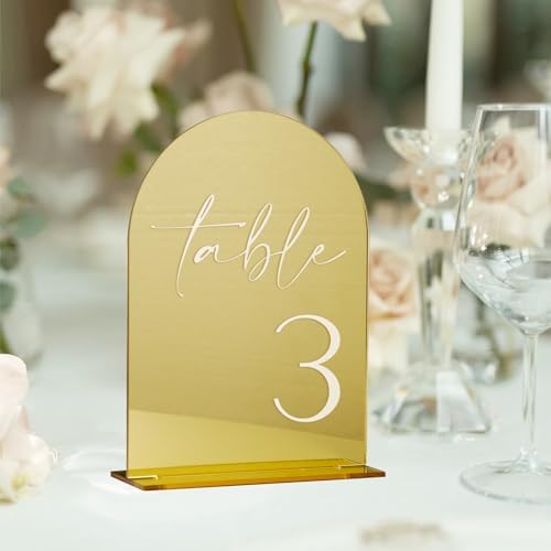 HOODO Gold Mirror Acrylic Wedding Table Numbers 1-25 with Stands, 5"x7" Arched Acrylic Signs and Holders, Gold Mirror Arch Table Numbers for Wedding Reception, Party, Anniversary, Event - Image 3