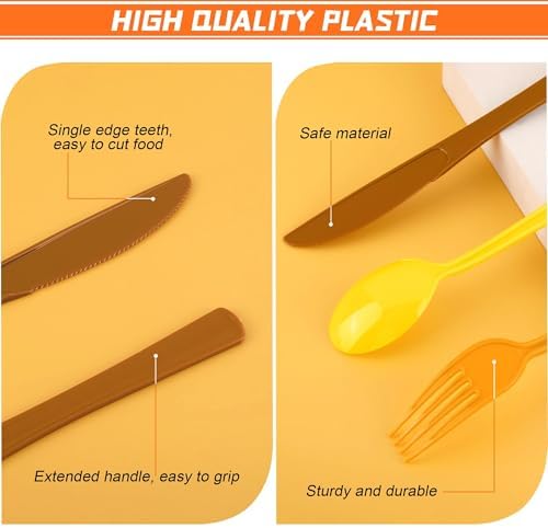 Kochorie 300 Pieces Thanksgiving Plastic Silverware Fall Heavy Duty Utensils Set Heavyweight Disposable Flatware Includes Orange Yellow Brown Spoons Forks Knives for Thanksgiving Dinner Party Supplies - Image 3