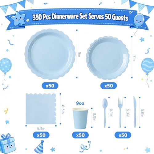 350 Pcs Light Blue Paper Plates and Napkins Set, Serves 50 - Image 2