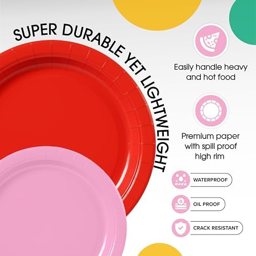 Party Solids Exquisite Red & Pink Mixed Paper Plates - 7" & 9", 200 Pack (100 each), 350 GSM - Image 4