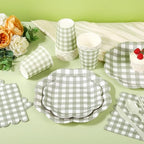 400 Pcs Gingham Party Supplies for 50 Guests Sage Green and White Scalloped Paper Plates and Napkins Knives Spoons Forks Cups Disposable Checkered Dinner Party Set for BBQ Baby Shower Wedding - Image 6