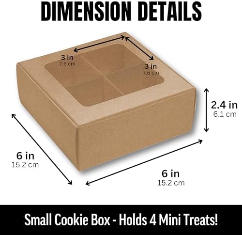 25 pcs Kraft Mini Cookie Boxes for 4 treats with Window and Dividers, Kraft Bakery Boxes, 6 x 6 x 2.4 Inches SMALL Baking Boxes, Square Cookies Box Decorating Supplies for Gift Giving - Image 2