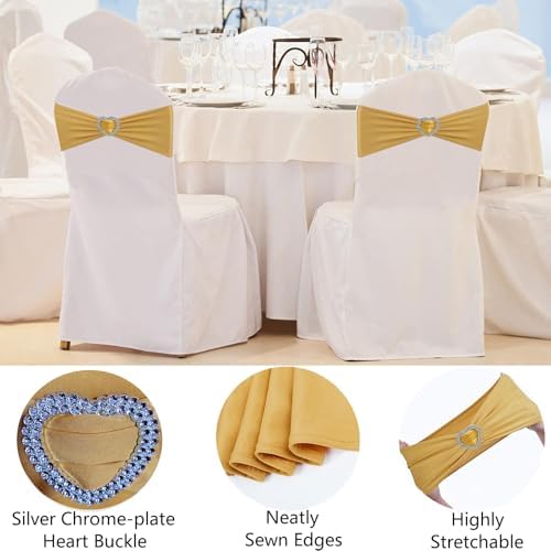 Gold Chair Sashes for Wedding 50 PackSpandex Gold Sashes for Chairs Covers Stretch Chair Sashes Band with Heart Buckle Slider Wedding Sashes Bows for Banquet Party Decorations - Image 3
