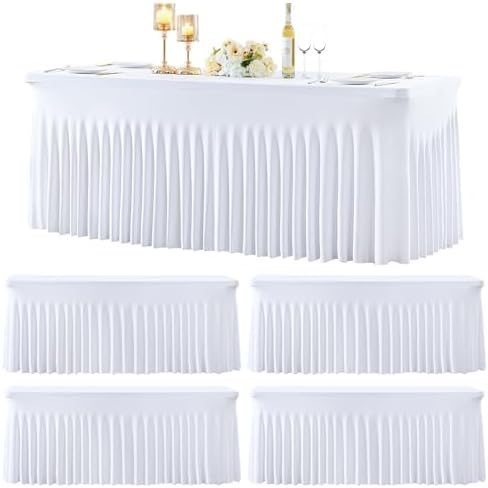 4 Pack 6ft White Spandex Tablecloths for Rectangle Tables Wrinkle Free White Rectangle Table Cloth, Stretch Fitted Table Cover with Skirt for Wedding Birthday Party Banquet Baby Shower Buffet Event by Suppromo