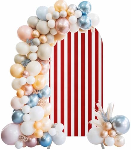 Red and White Arch Backdrop Cover 7.2 FT, Farmhouse Red White Stripes Geometric Wedding Arch Cover Stretchy Backdrop Stands Covers for Birthday Party Ceremony Banquet Decor - Image 2