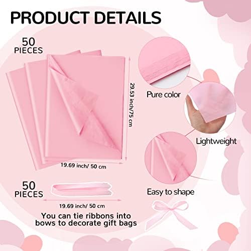 PerKoop 50 Pack Baby Shower Bags with Handle, Tissue Paper, Pink - Image 3