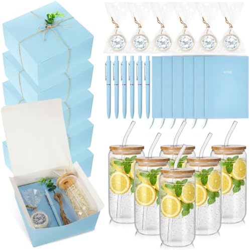 6 Set Baby Shower Prizes for Winners Gifts Baby Shower Guest Gifts Soap Pen Glass Tumbler Notebook Gift Box Packaging Wedding Bridal Game Prizes Gift Box Party Favors (Blue,Classic) by Acellegic