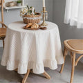 Beige White Striped Ruffle Tablecloth 70" Round Farmhouse Flounces Trim Table Cover for Seat 4-6 for Picnic Dining Kitchen Party Wedding Decor by Unknown