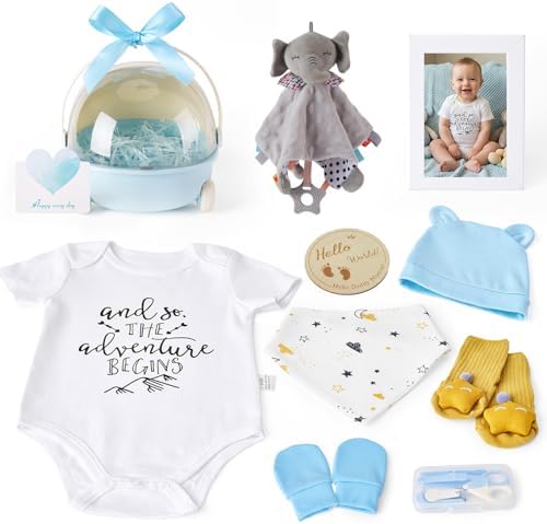 Baby Shower Gifts for Boys 12-in-1 Baby Boy Gift Set for Newborn, Premium Gender Reveal Gifts for New Parents, with Elephant Lovey, 100% Cotton Onesie, Photo Frame & Carriage Storage Case by InnerSafe