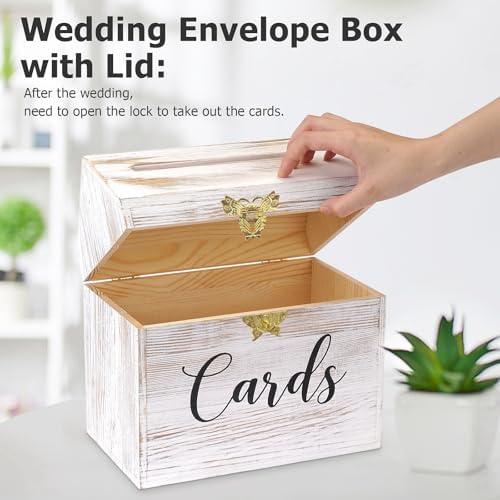 Yamahiko Card Box Wedding Card Box for Reception, Vintage Large Wedding Gift Card Holder Box with Heart Lock, Big Wedding Card Envelope Holder Box with Lid Wood Card Box for Wedding Party, White - Image 3