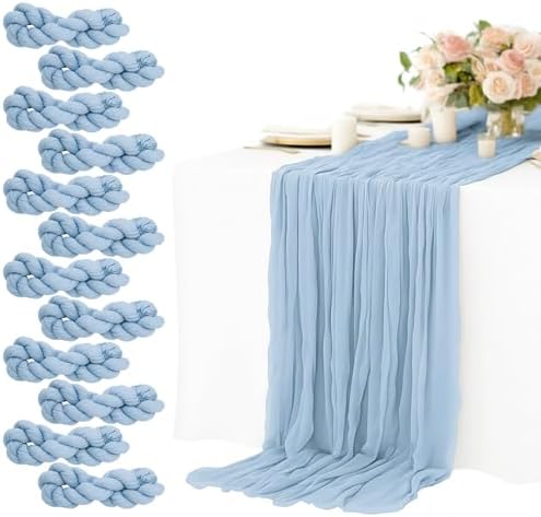 12 Pack Dusty Blue Cheesecloth Table Runners 10FT Long – 35 x 120 Inch Boho Gauze Table Runners for Engagement, Wedding, Baby Shower & Home Decor – Soft Wrinkled Polyester Fabric by Unknown