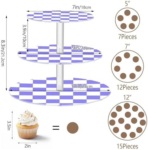 J JOYSAY Checkerboard White Light Purple Print Acrylic Cupcake Stand 3 Tier Dessert Table Display Set Clear Cake Stands for Wedding Baby Shower Party Decorations Easy Assembly Pastry Tower - Image 3
