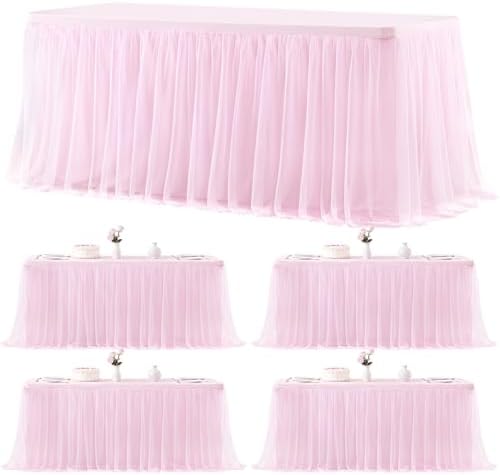 4 Pack Pink Tablecloths for 8 Foot Rectangle Tables Tulle Tablecloth Light Pink Table Cloth Rectangle 8ft Stretch Spandex Table Cover for Baby Shower Girls Birthday Party Banquet Desk Table Skirt by HBBMAGIC