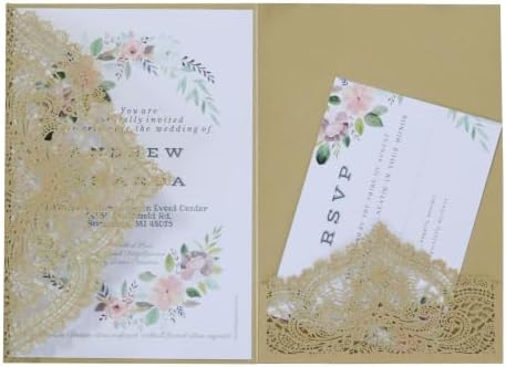 20Pcs Laser Cut Pocket Wedding Invitation Covers, 4.9×7 Inch Trifold Lace Floral Invitation Sleeves with Envelopes (Cream Gold, 20 Pcs Customized Printed) by Custom