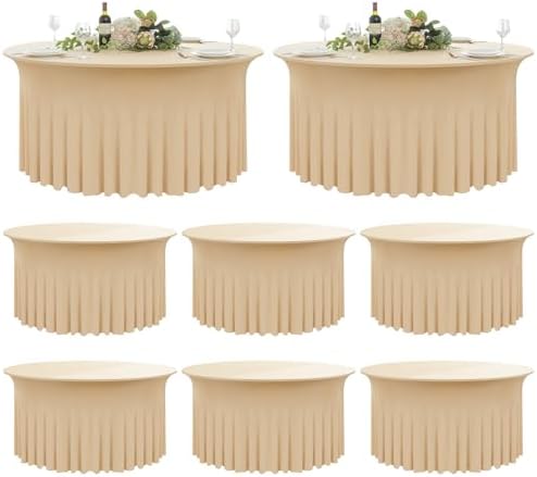 8 Pack Champange Spandex Round Tablecloths for 60 inch Tables,120inch Fitted 5FT Stretchy Round Table Cloth,Wrinkle Free Spandex Table Cover with Ruffle Skirtfor Wedding Party Dining Banquet by Nobed+HHT
