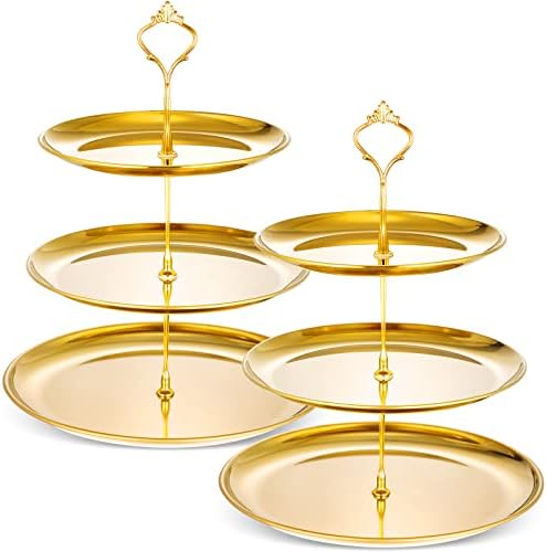 Yaomiao 2 Sets Gold 3 Tier Serving Tray with Base Stainless Steel Tiered Cupcake Stand Dessert Table Display Set Cup Cake Tier Stand Metal Cupcake Tower Fruit Dessert Holder Wedding Serving Platter by Yaomiao