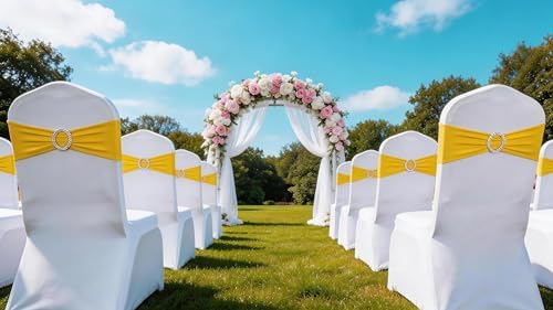 Spandex Yellow Chair Sashes 100 Pack Wedding Chair Bows Bands Silver Buckle - Image 6
