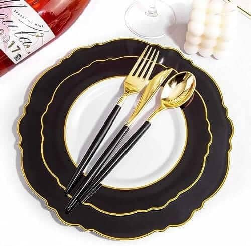 WDF 30Guest Black and Gold Plastic Plates - Gold Plastic Silverware With Black Handle Baroque Black and Gold Disposable Dinnerware for Wedding/Party/Birthday/Halloween - Image 3