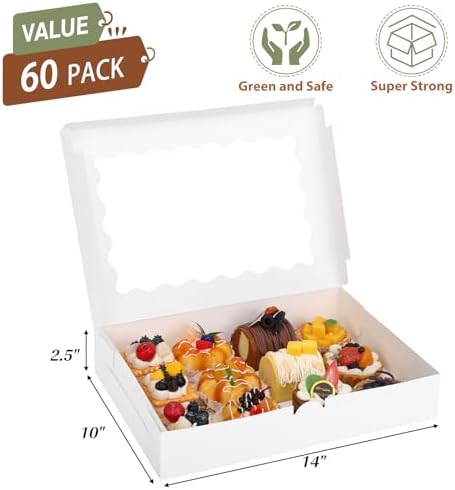 Moretoes 60pcs Bakery Boxes with Window, 14x10x2.5 Inch White Treat Boxes - Image 2