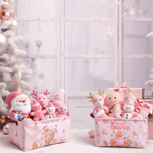 CHENGU 6 Pack Christmas Storage Basket Pink Collapsible Christmas Basket for Gifts Gingerbread Man Holiday Decor Large Gingerbread House Bin Foldable Xmas Tree Box with Handle for Bedroom Office Home - Image 5