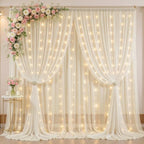 20ft x 10ft Ivory Chiffon Backdrop Curtain with Lights for Parties 4 Panels by Partisky