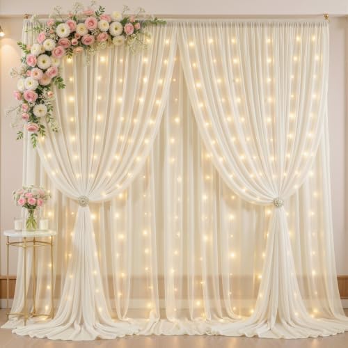 20ft x 10ft Ivory Chiffon Backdrop Curtain with Lights for Parties 4 Panels by Partisky