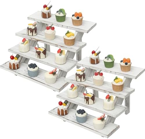 SwallowLiving 2pcs Wooden Rustic Cupcake Stand for 24 Cupcakes, Stepped Wood Display Stand for Weddings, Tiered Party Table Display Riser for Food , Dessert, Cookie, Decor, Craft Show, White by SwallowLiving